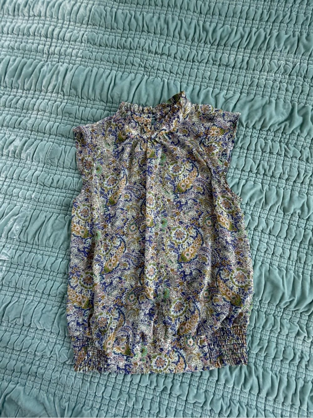 Paisley Smocked-Hem Sleeveless Camisole in Multicolor Blue/Green-Med